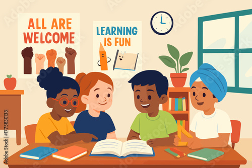 Diverse students collaborating in a cheerful classroom with inclusive posters and shared learning materials