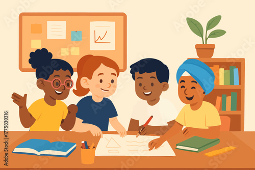 Mixed-background students working on a group project with shared materials and cooperative gestures