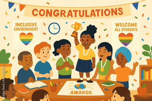 School counselor supporting students of different backgrounds with empathetic gestures and inclusive posters