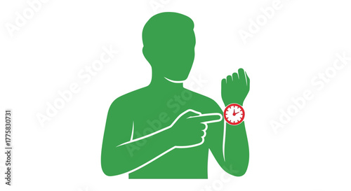 Green silhouette of a person pointing at a watch with time