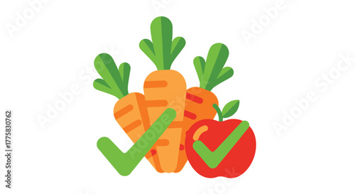 Fresh carrots and a red apple with check marks healthy food