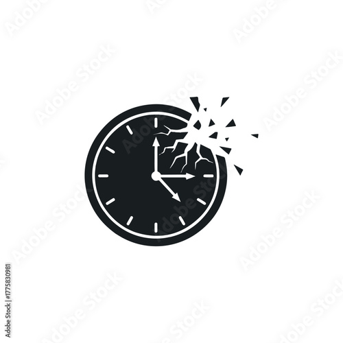 Vector a black clock face is shattering into pieces on the right side, symbolizing the concept of time running out or a deadline approaching, isolated on a