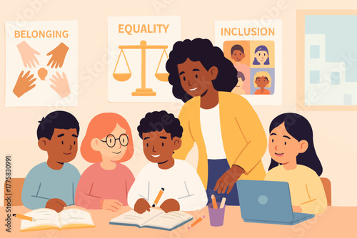 Teacher assisting students of different backgrounds with warm gestures and inclusive teaching tools