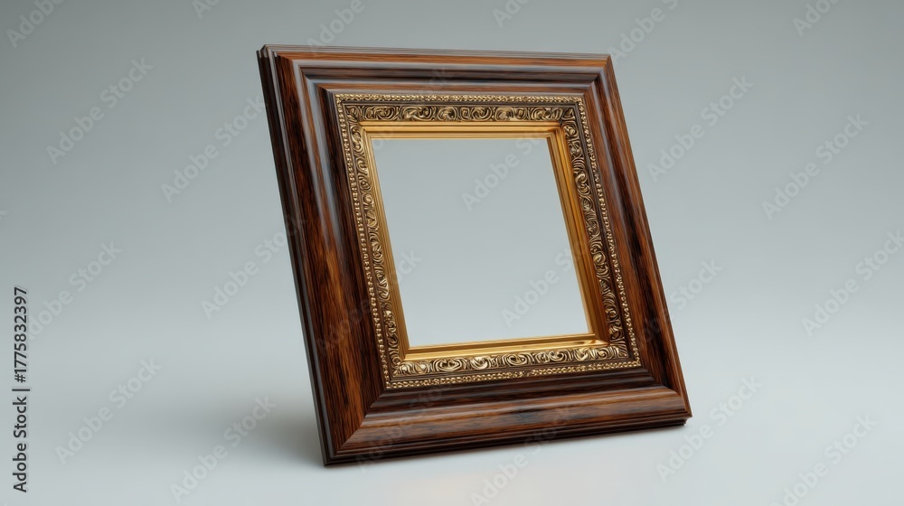 Fototapeta premium Ornate Empty Picture Frame Mockup with Detailed Wood Grain and Gold Trim, Ideal for Art Presentation