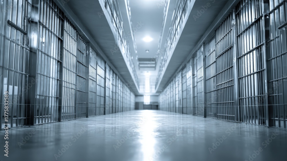 Fototapeta premium Long Prison Hallway with Cells and Metal Bars Suggesting Confinement and Incarceration
