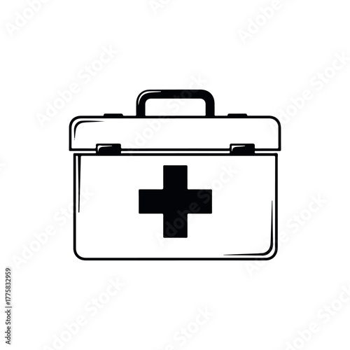 Vector a simple black and white illustration of a first aid kit, a portable medical box with a red cross symbol, isolated on a