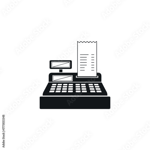 Vector black and white illustration of a cash register with a receipt and display screen