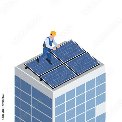 Flat 2D vector illustration of a skilled male technician installing photovoltaic solar panels on the flat roof of a sustainable modern office building, promoting clean energy.