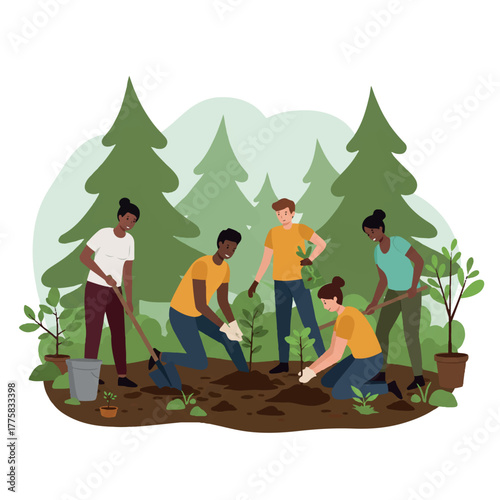 Diverse volunteers planting green saplings in fertile soil, illustrating a community reforestation effort and environmental care using a clean, vibrant 2D flat vector style.
