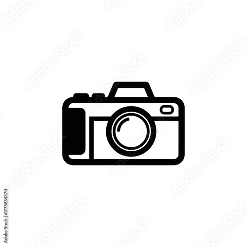 Professional DSLR Camera Icon: Minimalist Black and White Photography Symbol, Digital SLR Camera Silhouette for Photographer Branding - Flat Vector Graphic