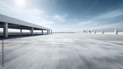 Expansive rooftop parking lot with clear sky offering versatile urban commercial space and backdrop