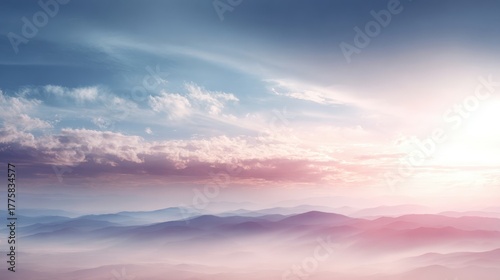 Serene Mountain Landscape at Sunrise with Soft Clouds and Pink Hues, Evoking Peace and Tranquility