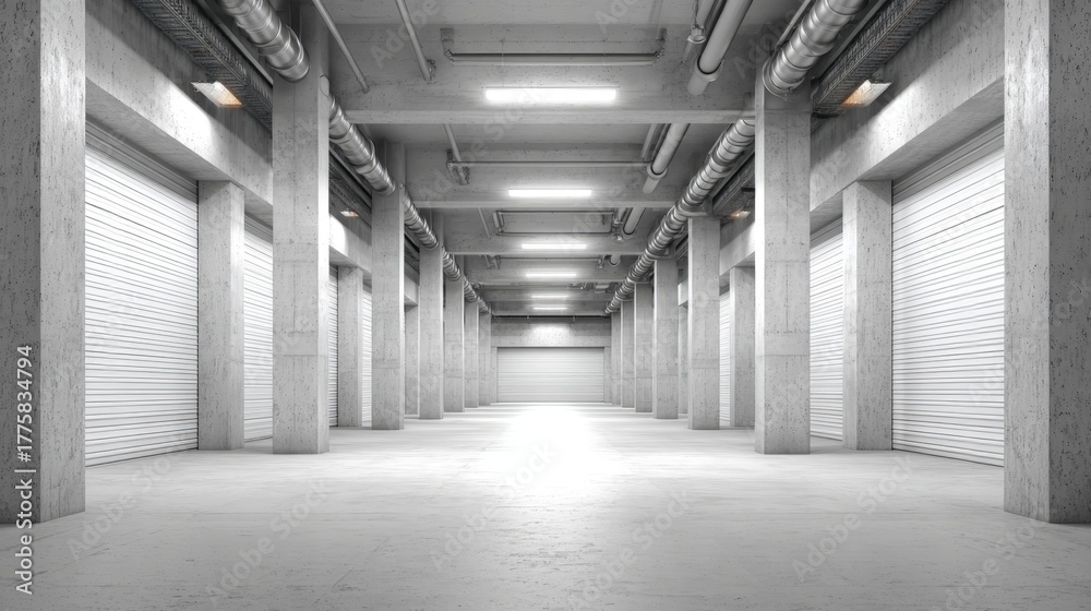 Obraz premium Spacious Concrete Warehouse Interior with Multiple Storage Units and Bright Lighting for Commercial or Industrial Use