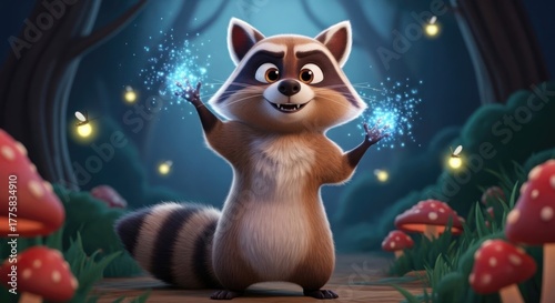 Delightful cartoon raccoon character brings magic to whimsical forest scene in digital art evoking