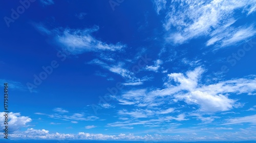 Vibrant Blue Sky Panorama with Wispy White Clouds - Nature, Weather, and Atmospheric Beauty