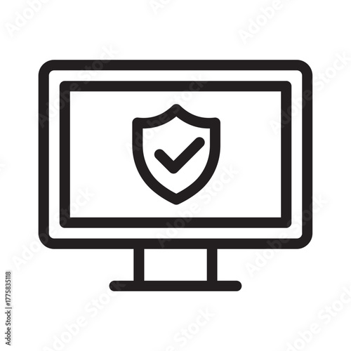 Desktop computer with shield indicating system security or protected workstation.