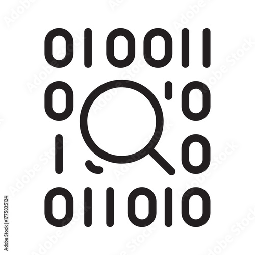 Binary with magnifier representing code scanning, analysis, or malware inspection.