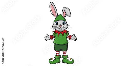 Festive Christmas Bunny Cartoon Illustration with Elf Costume and Cheerful Expression for Holiday