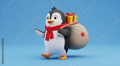 Festive 3D Penguin with Gifts on Blue Background: A Cheerful Holiday Scene