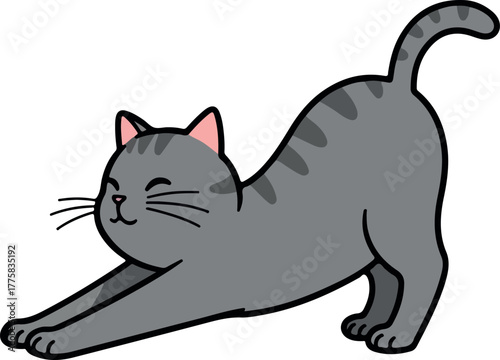 Cute Grey Cat Stretching on White Background Minimal Illustration