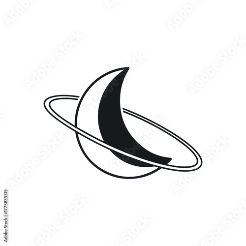 Vector crescent moon with a ring around it, representing a planet or celestial body
