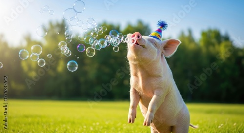 Fototapeta Naklejka Na Ścianę i Meble -  Joyful piglet celebrating with bubbles in a sun-drenched meadow creating cheerful atmosphere and