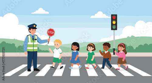 Crossing guard with children, pedestrian safety, cartoon street scene, school zone, traffic light, safe crossing, education concept, vector art