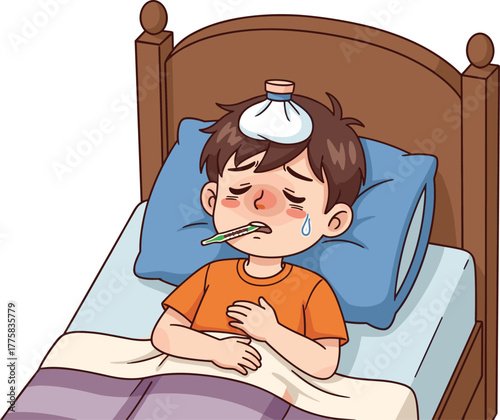 Sick child in bed, fever symptoms, crying boy, thermometer, ice pack, illness illustration, healthcare concept, cartoon vector art