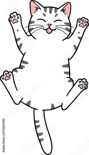 Cute White Cat With Gray Stripes Leaping Up Joyfully Flat Design Illustration