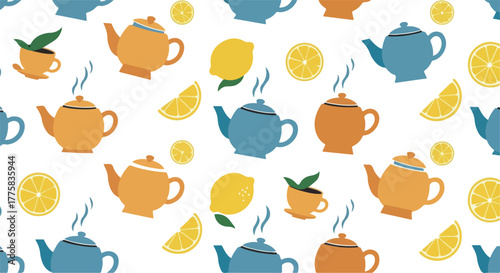 Cute Teapot And Lemon Slice Pattern With Steam Isolated On White