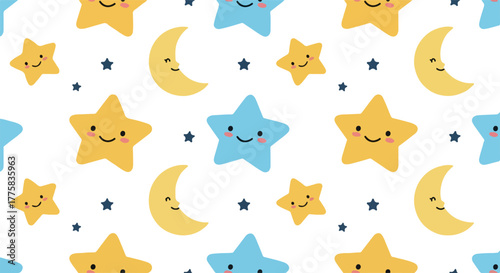 Cute Yellow Stars and Blue Stars Moon Pattern Vector Illustration