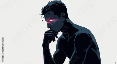 Dark Pixelated Man Thinking Deeply With Glowing Red Eyes Minimalist Background