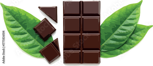 Dark Chocolate Bar With Cocoa Leaves Isolated Object Flat Design