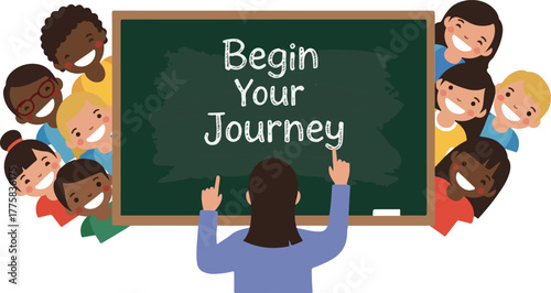 Diverse Children Excited for Learning Behind Chalkboard Begin Your Journey