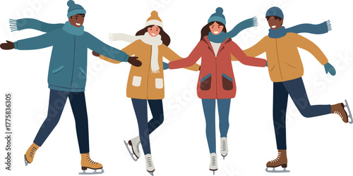 Diverse Group Ice Skating Winter Fun Flat Design Vector