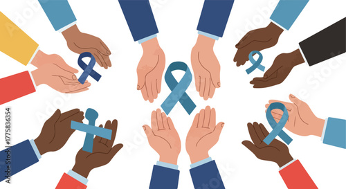 Diverse Hands Offer Teal Awareness Ribbons For Ovarian Cancer Support Flat Design