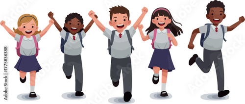 Diverse Happy Students Running With Backpacks Minimal Illustration Vector