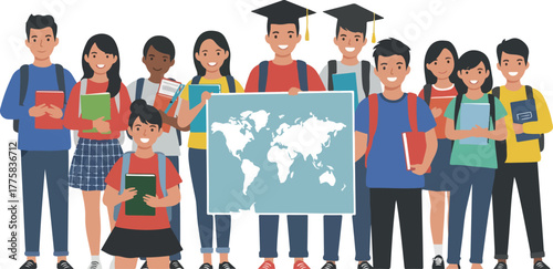 Diverse Students Celebrate Global Education With World Map Vector Art