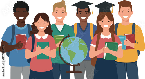 Diverse Students With Globe Backpacks Books Caps Vector Illustration