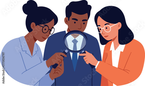 Diverse Team Inspecting Document with Magnifying Glass Flat Design