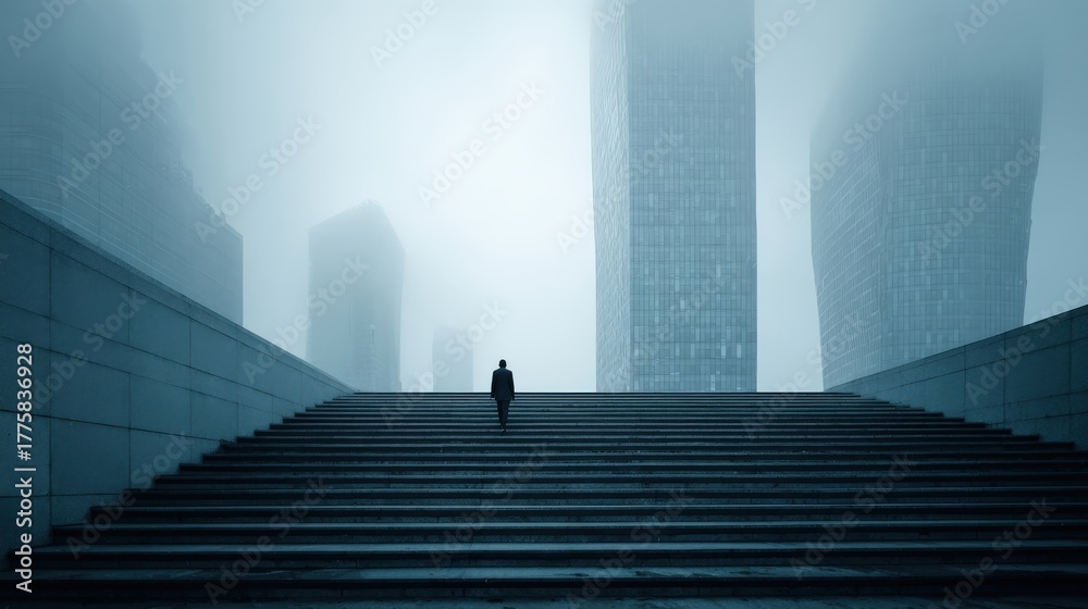 Obraz premium Solitary Figure Ascending Steps Towards Fog-Enshrouded Skyscrapers, Modern Urban Landscape in Blue Tones
