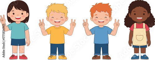 Cartoon children vector illustration, happy diverse kids making peace signs, smiling characters for education, design, animation, and playful storytelling