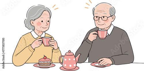 Elderly Couple Enjoying Tea and Cake Together Vector Illustration