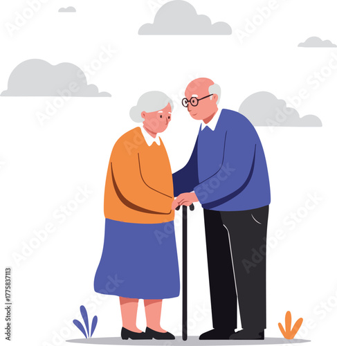 Elderly Couple Holding Cane Outdoors With Clouds Flat Design Illustration