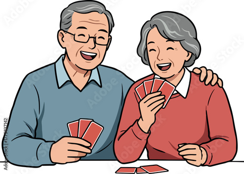 Elderly Couple Playing Cards Together Joyfully Isolated Object