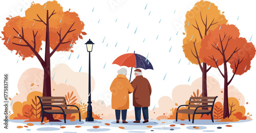 Elderly Couple Sharing Umbrella Autumn Park Rain Pixel Art Style