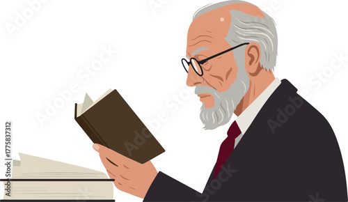 Elderly Man Reading Book Glasses Dark Suit White Shirt Red Tie Knowledge