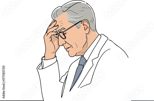 Elderly Doctor In White Lab Coat Holds Forehead With Stress And Headache