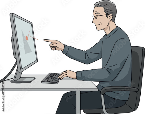 Elderly Man Using Computer Pointing At Screen Flat Design Illustration