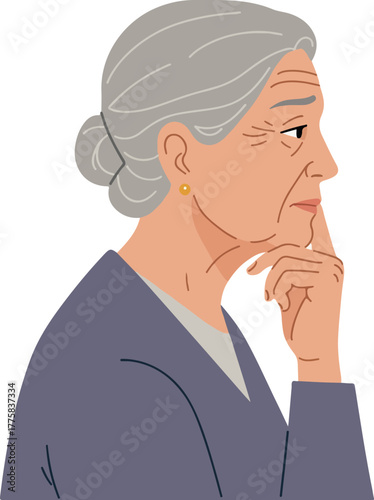 Elderly Woman Gray Hair Pensive Thoughtful Pose Isolated Flat Design